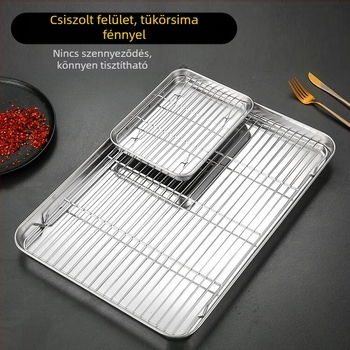 Rozsdamentes acél grill sütő tál – négyzet alakú, sík alj és olajlevezető hálóval