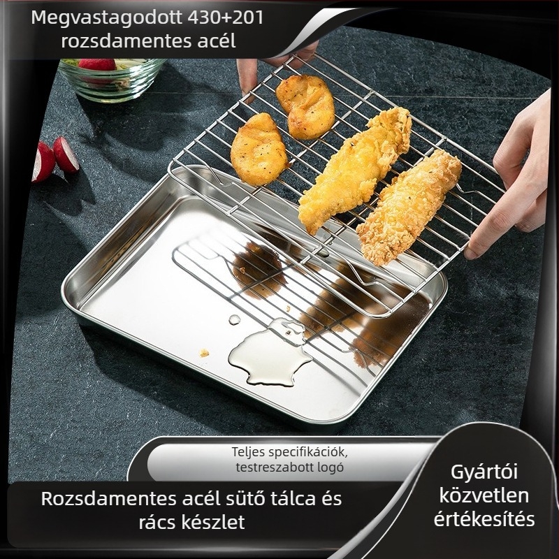 Rozsdamentes acél grill sütő tál – négyzet alakú, sík alj és olajlevezető hálóval