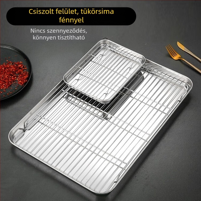 Rozsdamentes acél grill sütő tál – négyzet alakú, sík alj és olajlevezető hálóval