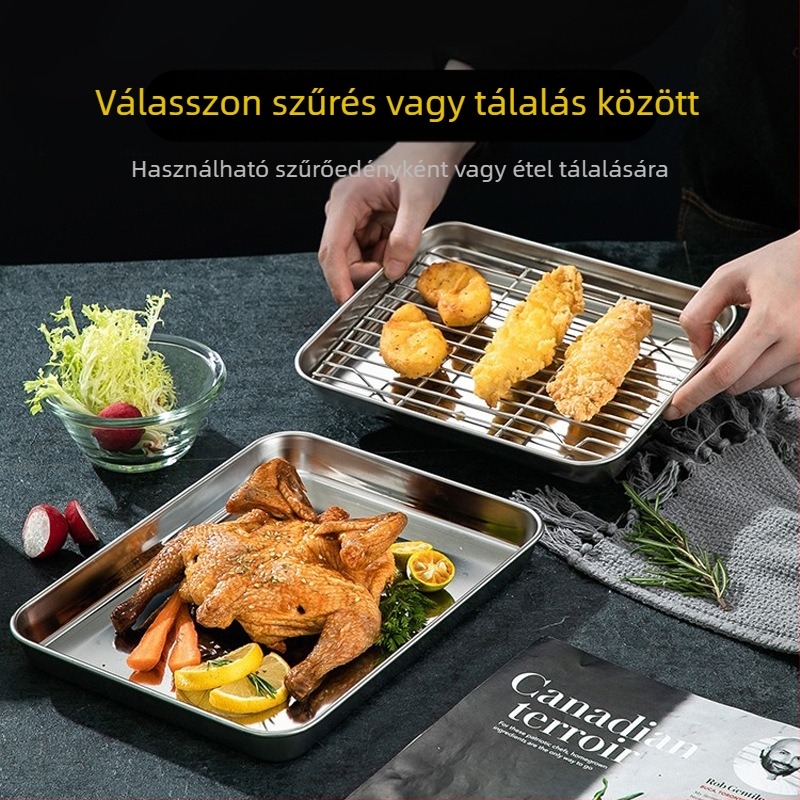 Rozsdamentes acél grill sütő tál – négyzet alakú, sík alj és olajlevezető hálóval