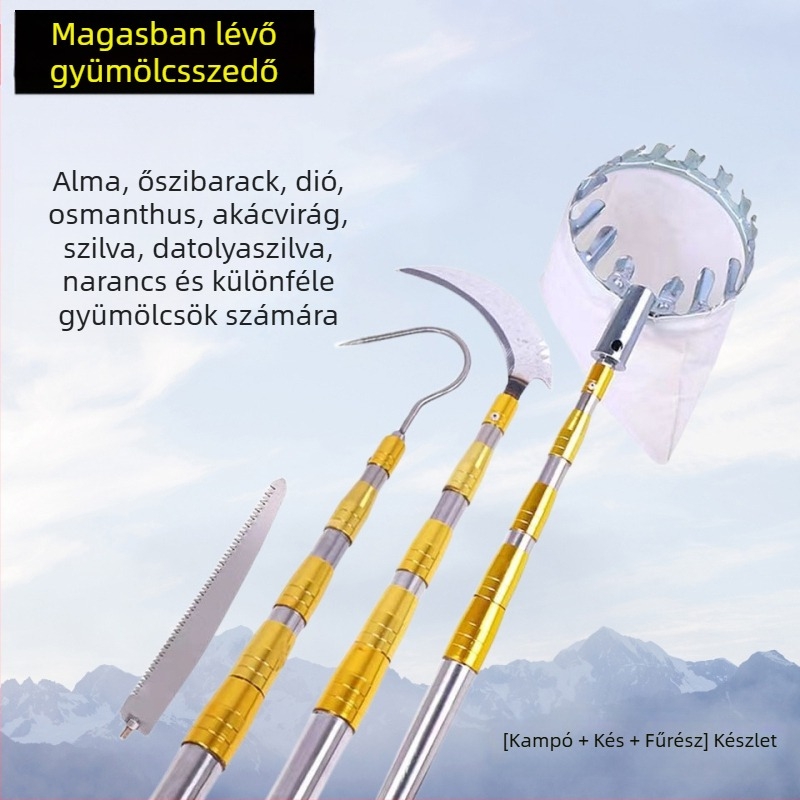 Rozsdamentes acélból készült teleszkópos gyümölcsszedő magas ágakhoz, 2–9 m; gyümölcsök: persimmon, loquat és Toona sinensis; 9 m-es edzett diófa nyél
