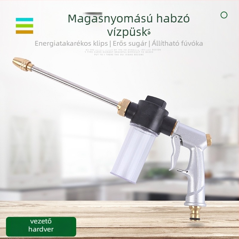 Teljesen fém felépítésű magasnyomású autómosó vízipisztoly réz fejjel és alumínium ötvözetű kézivel, permetezési távolság 5–10 m, csapvíz nyomásra tervezve