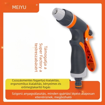 Kétfunkciós műanyag öntözőpisztoly kerthez és autómosáshoz – pisztolyfej ABS, fogantyú ABS/TPR, permetezési táv 8–15, víznyomás 3–7, súly 0,153 kg
