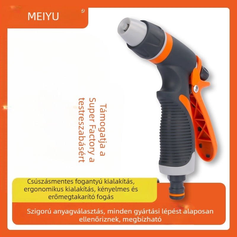 Kétfunkciós műanyag öntözőpisztoly kerthez és autómosáshoz – pisztolyfej ABS, fogantyú ABS/TPR, permetezési táv 8–15, víznyomás 3–7, súly 0,153 kg