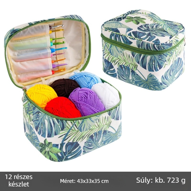 Horgolókészlet DIY anyagokkal és tároló táskával, 12 doboz, össztömeg 720 g