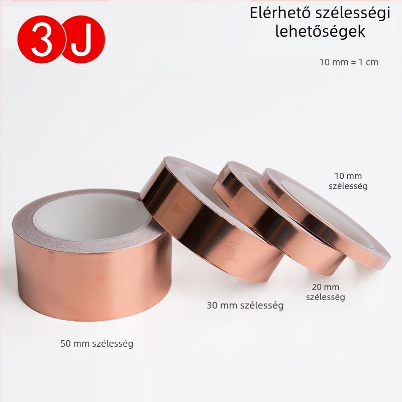 Egyszer oldalú vezető réz-fóliás szalag EMI árnyékoláshoz — önadhéziós, vastagság 0,05 mm, alapanyag: réz-fólia, működési hőmérséklet: normál