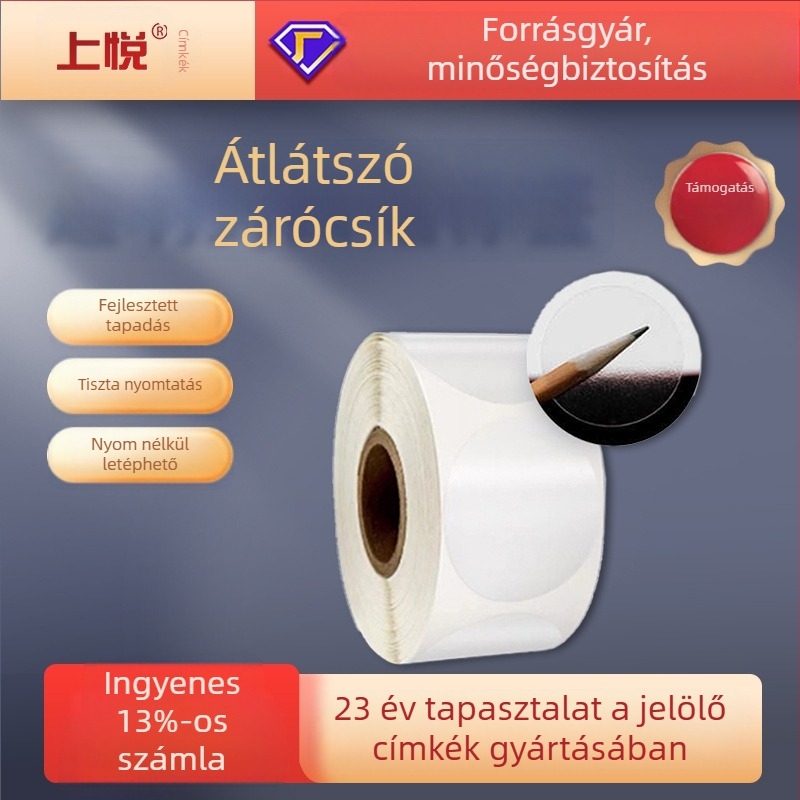 Kör alakú PET önadhéziós címke ajándékcsomagolások zárásához, forró olvadék ragasztó, üres nyomtatás, 50°C hőállóság.