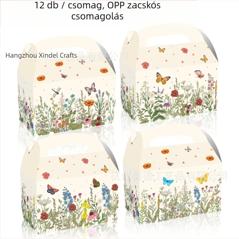 Virágos ajándék édesség doboz, hordozható papírdoboz, 250gsm fehér karton, UV nyomtatás logóval, belső átmérő 15,9 cm