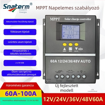MPPT napelemes töltésvezérlő, sorozat 100A/80A/60A, 12/24/36/48V, USB interfész, energiafogyasztás 1W