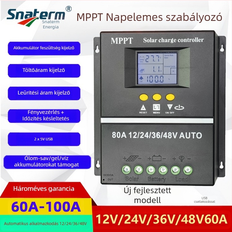 MPPT napelemes töltésvezérlő, sorozat 100A/80A/60A, 12/24/36/48V, USB interfész, energiafogyasztás 1W