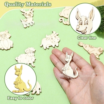 Nyersfaragott faállatok figurái poplar rétegelt lemezből — róka, majom, elefánt, juh, szarvas formák; PP zacskóban; Blue and White márka; személyes ajándék; IP-engedély nélkül.