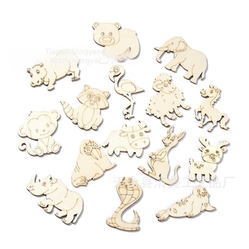 Nyersfaragott faállatok figurái poplar rétegelt lemezből — róka, majom, elefánt, juh, szarvas formák; PP zacskóban; Blue and White márka; személyes ajándék; IP-engedély nélkül.