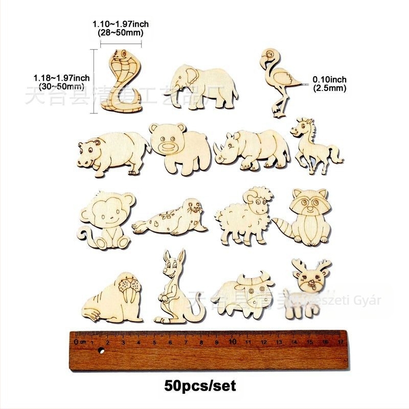 Nyersfaragott faállatok figurái poplar rétegelt lemezből — róka, majom, elefánt, juh, szarvas formák; PP zacskóban; Blue and White márka; személyes ajándék; IP-engedély nélkül.