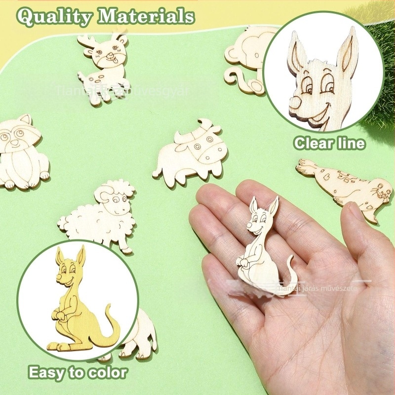 Nyersfaragott faállatok figurái poplar rétegelt lemezből — róka, majom, elefánt, juh, szarvas formák; PP zacskóban; Blue and White márka; személyes ajándék; IP-engedély nélkül.