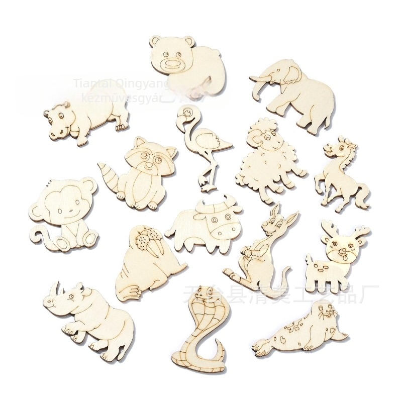 Nyersfaragott faállatok figurái poplar rétegelt lemezből — róka, majom, elefánt, juh, szarvas formák; PP zacskóban; Blue and White márka; személyes ajándék; IP-engedély nélkül.