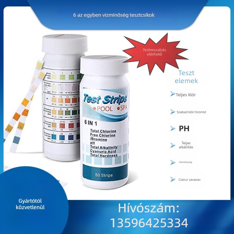 6-az-1-ben funkcionális vízminőségi tesztpapír: modell W-6; méri a teljes klórt, a maradék klórt, a pH-t, a teljes alkalinitást és a keménységet