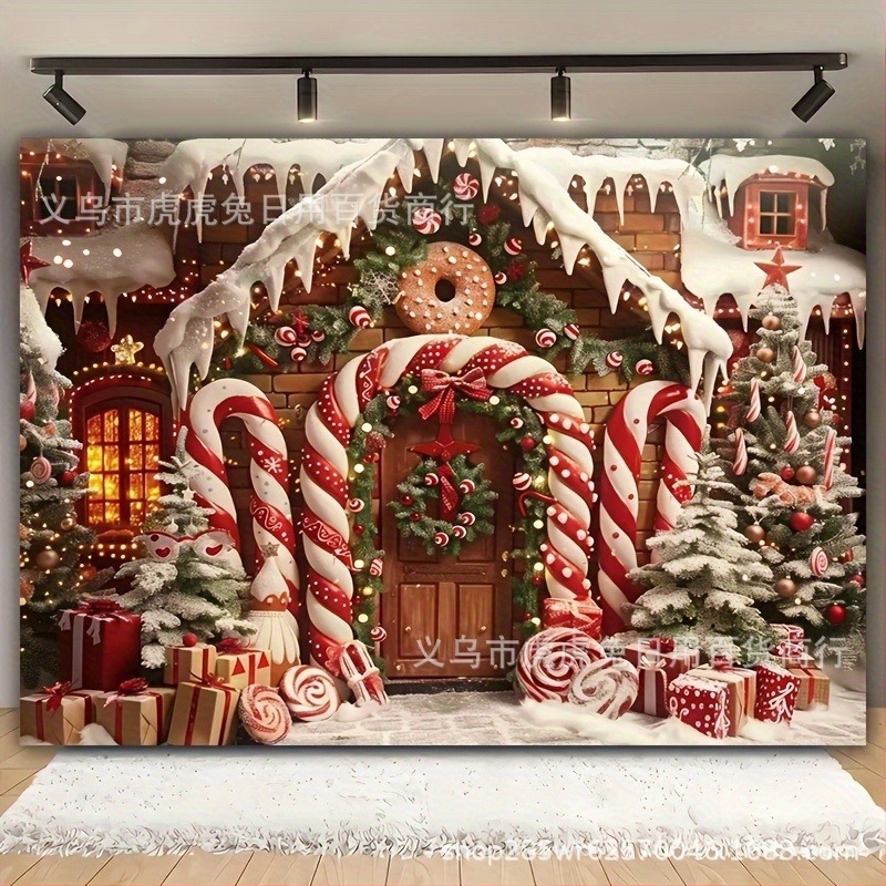 Fali gobelin: Kényelmes karácsonyi kunyhó háttérrel, cukorka rudak hátterével, poliészter, stílus Gingerbread man crutches, karácsonyi dekoráció, tér rendezéséhez