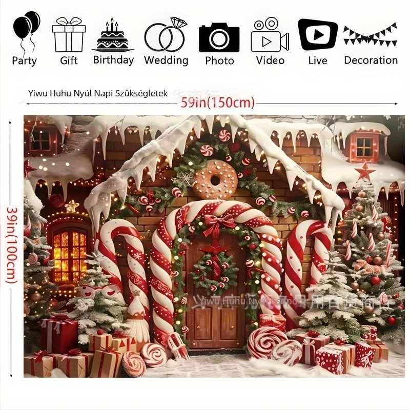 Fali gobelin: Kényelmes karácsonyi kunyhó háttérrel, cukorka rudak hátterével, poliészter, stílus Gingerbread man crutches, karácsonyi dekoráció, tér rendezéséhez
