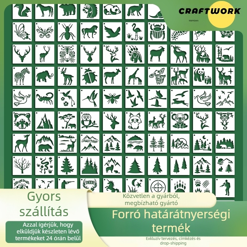DIY erdőállat témájú kivágott festés sablonok, 100 darab, PET, többször használható, könnyen tisztítható