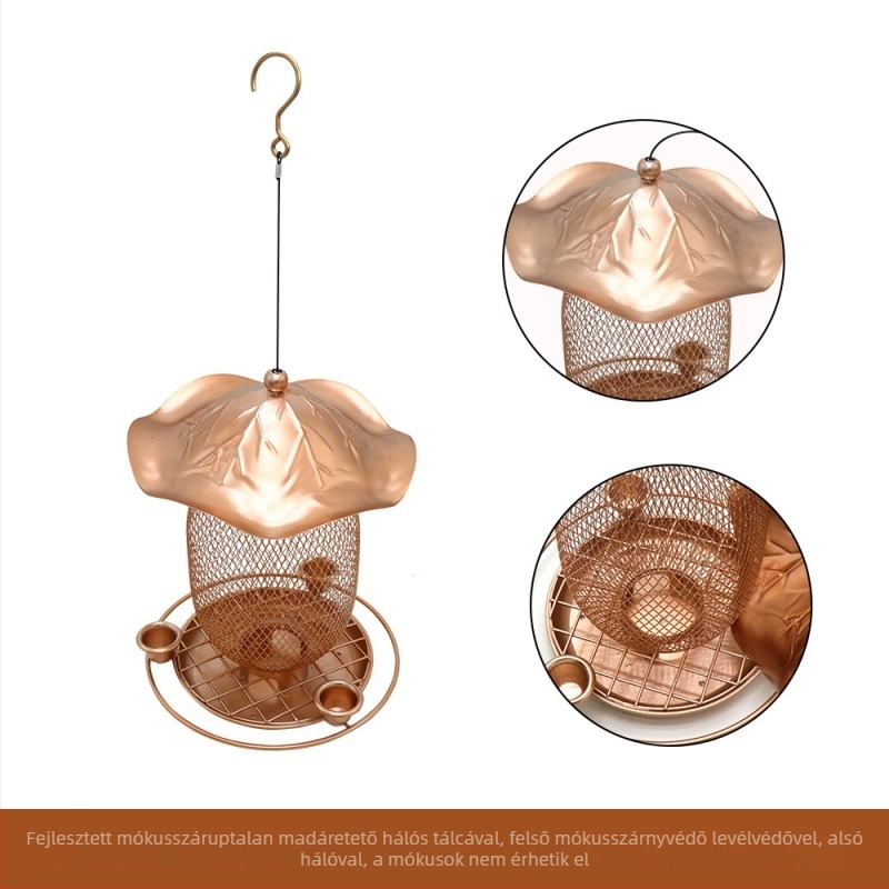 Fémből készített madáretető, függő, mókusbiztos kivitel és kolibri vízadagolóval