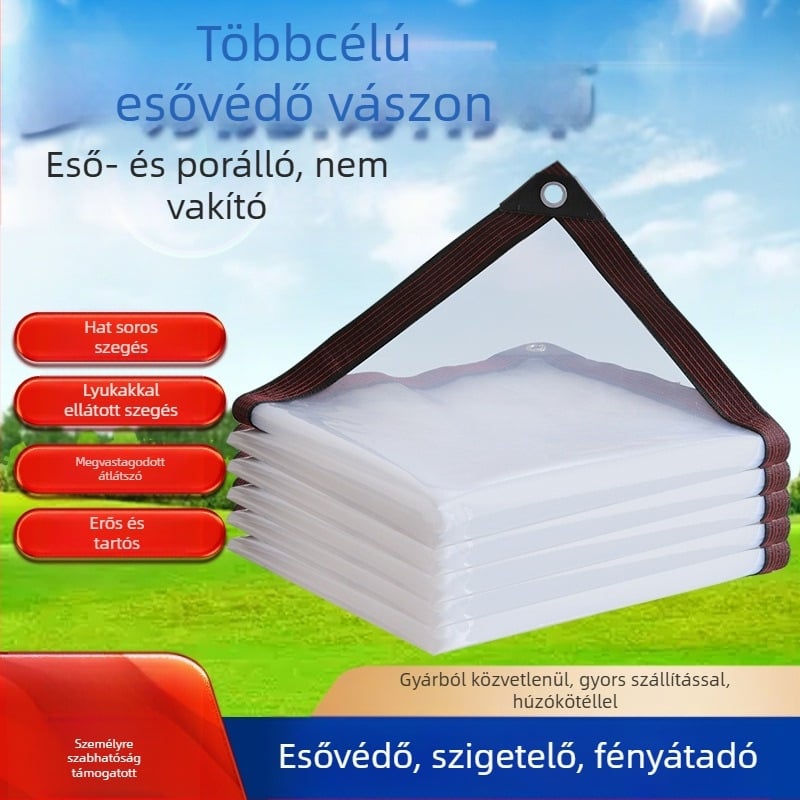 PE-ből készült átlátszó esővédő tarp, többfunkciós, matt felülettel; szél- és szigetelő funkció; átlátszóság a fény átszivárgásához; logó nyomtatás elérhető; testreszabás