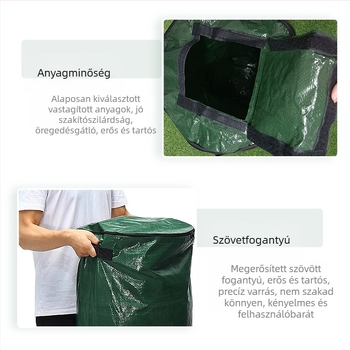 Veris komposztzsák, lélegző és tartós műanyag anyagból, kézzel varrt kivitelben, alkalmas zöldítéshez és otthoni kertészkedéshez