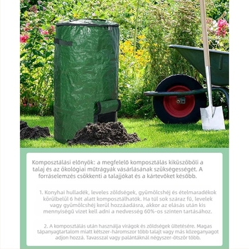 Veris komposztzsák, lélegző és tartós műanyag anyagból, kézzel varrt kivitelben, alkalmas zöldítéshez és otthoni kertészkedéshez