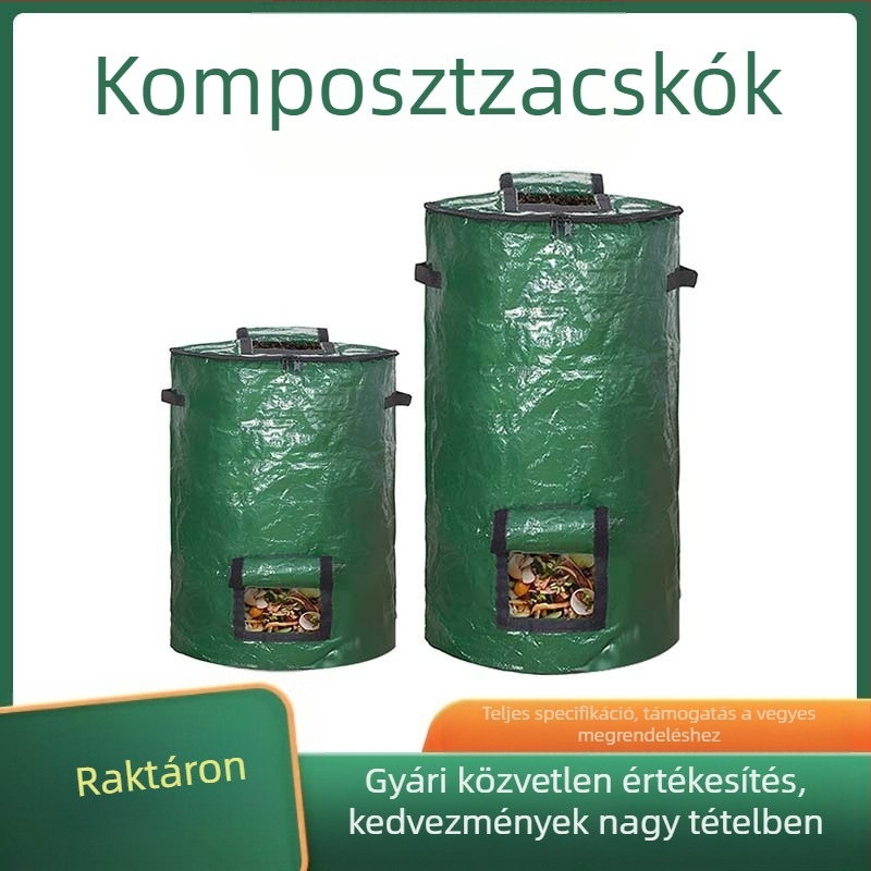 Veris komposztzsák, lélegző és tartós műanyag anyagból, kézzel varrt kivitelben, alkalmas zöldítéshez és otthoni kertészkedéshez