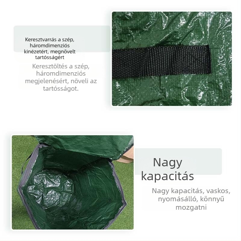 Veris komposztzsák, lélegző és tartós műanyag anyagból, kézzel varrt kivitelben, alkalmas zöldítéshez és otthoni kertészkedéshez