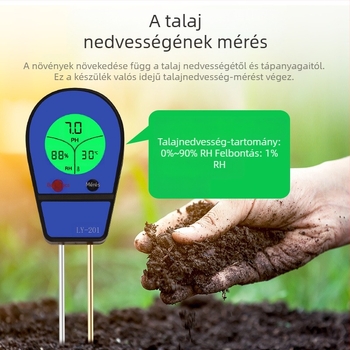 Talaj pH, hőmérséklet és páratartalom mérő digitális kijelzővel, LY201, pontosság ±1