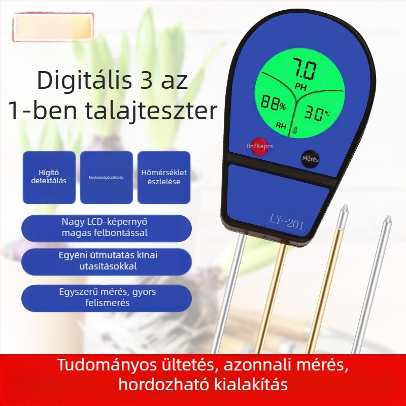 Talaj pH, hőmérséklet és páratartalom mérő digitális kijelzővel, LY201, pontosság ±1