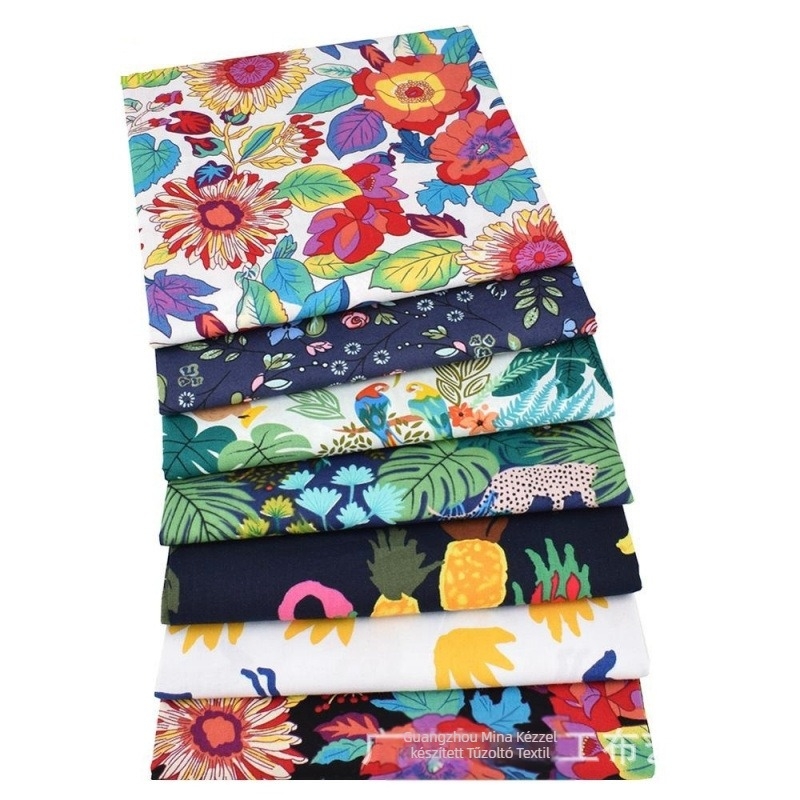 Patchwork textilekészlet, 7 db – pamut, virágos mintázat, tropikus esőerdei növények dizájn, DIY kézműves anyag