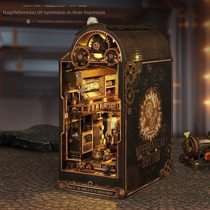 Kézzel összeállított fa építészeti modell steampunk mechanikus stílusban – DIY testreszabás elérhető, ideális ajándék tájképre.