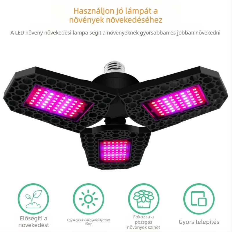 Összecsukható LED növénytermesztő lámpa, 144 LED, 1600 lm, 85–265 V, élettartam 10 000 óra