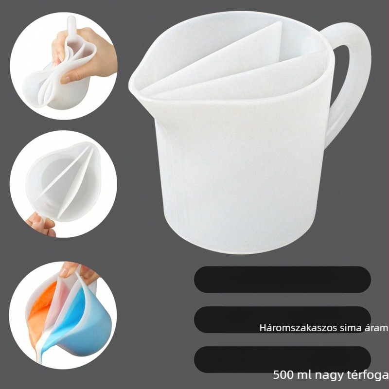 Szilikonból készült háromrekeszes keverőpohár fogantyúval – színkeverésre és tortadíszítésre
