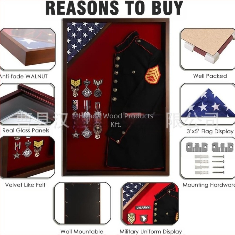 Fa árnyékdoboz fotókeret – kiállítási doboz katonai és rendőrségi egyenruhák és menyasszonyi ruha számára, fedéllel, 1 L kapacitás, modern minimalista dizájn, logónyomás elérhető