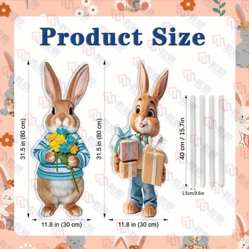 Két darabos húsvéti kültéri dekorációs készlet: retro nyúl és sárgarépa gyepre szúrt tüskékkel, vízálló, nedvességálló és UV-álló