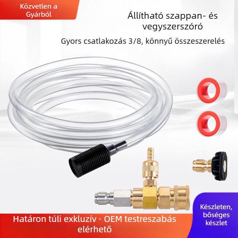 Nagynyomású tisztító készülék gyors csatlakozással, sárgaréz és rozsdamentes acél kivitelben, állítható szívó és habosító fúvóka
