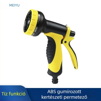 Meili magasnyomású vízpisztoly, 10 funkcióval, ABS bevonattal, háztartási és kert használatra; fej és fogantyú műanyagból; permetezési távolság 8–15 m