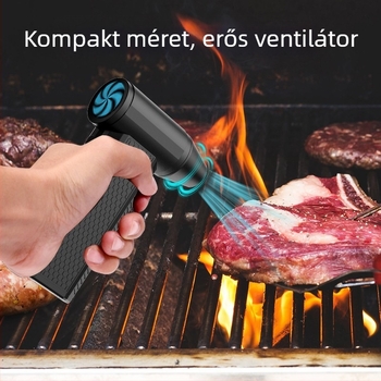 Kézben tartható kültéri ventilátor — brushless motor, acéllapátok, beépített 4000 mAh akkumulátor, üzemidő 1–3 óra, zaj 50–60 dB