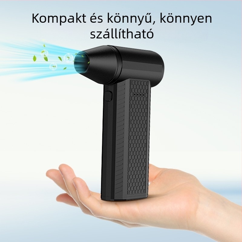 Kézben tartható kültéri ventilátor — brushless motor, acéllapátok, beépített 4000 mAh akkumulátor, üzemidő 1–3 óra, zaj 50–60 dB