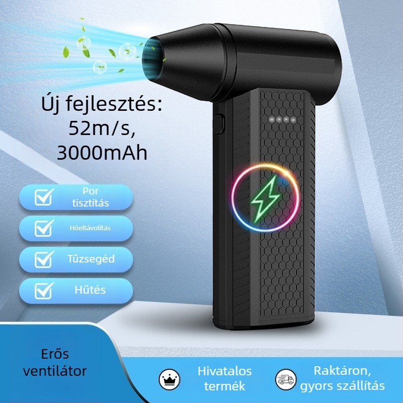 Kézben tartható kültéri ventilátor — brushless motor, acéllapátok, beépített 4000 mAh akkumulátor, üzemidő 1–3 óra, zaj 50–60 dB