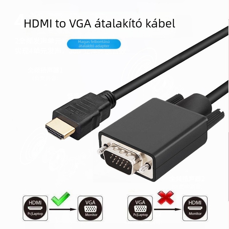 PC-hez HDMI–VGA átalakító kábel, 1,8 m, aranyozott csatlakozók, réz vezetékek, 1080p támogatás
