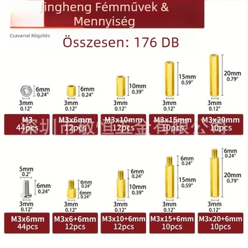 176 darabos sárgaréz hardver készlet szigetelő oszlopokkal, hatszögletű anyákkal és csavarokkal, oxidált felülettel