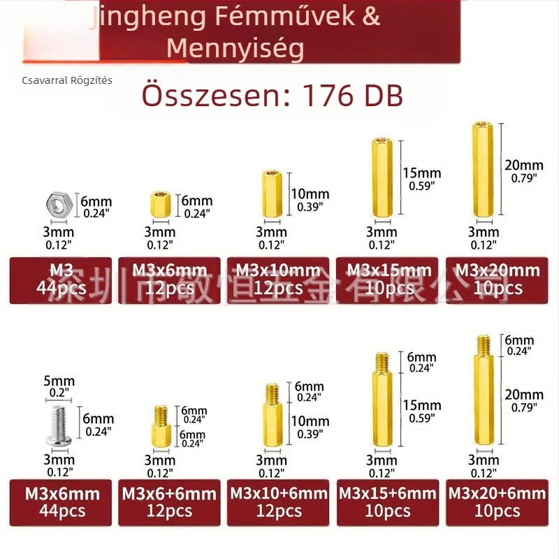 176 darabos sárgaréz hardver készlet szigetelő oszlopokkal, hatszögletű anyákkal és csavarokkal, oxidált felülettel