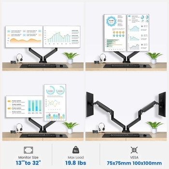 Kétmonitoros monitorkar asztali felerősítéshez, gázrugós, alumíniumötvözet, forgó típus