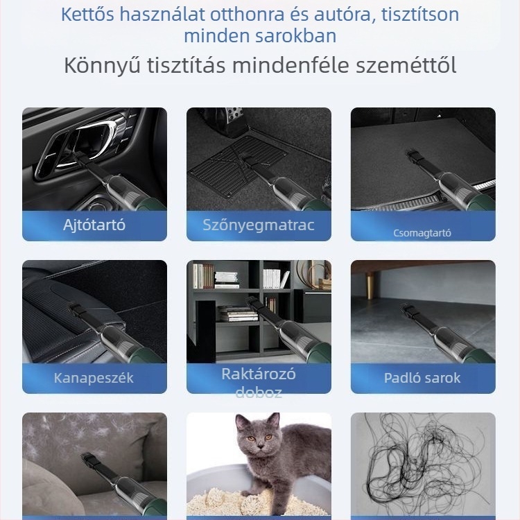 Autó- és otthoni használatra szánt vezeték nélküli kézi porszívó, 120W, pordoboz, kettős alkalmazás, USB-töltés
