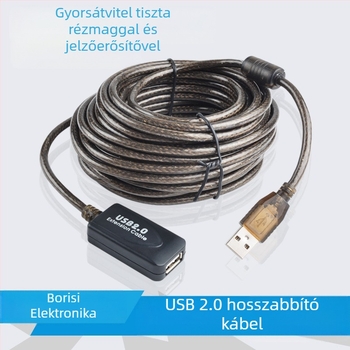 USB 2.0 bővítő kábel jelerősítővel, A/F férfi–női csatlakozóval, fonott kivitel, 10 m hosszú