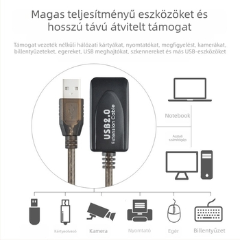 USB 2.0 bővítő kábel jelerősítővel, A/F férfi–női csatlakozóval, fonott kivitel, 10 m hosszú