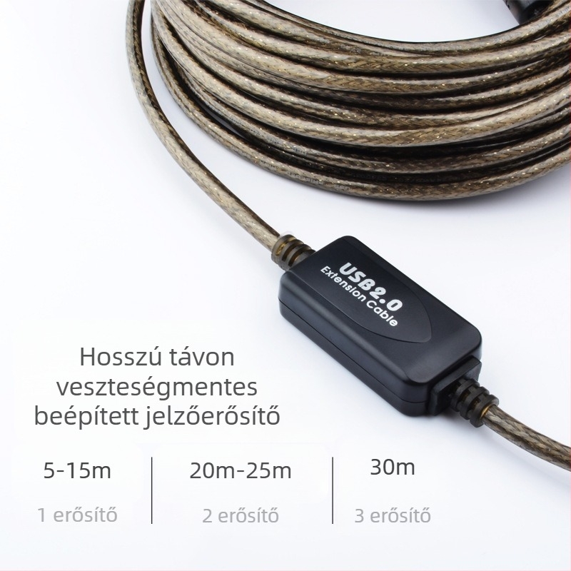 USB 2.0 bővítő kábel jelerősítővel, A/F férfi–női csatlakozóval, fonott kivitel, 10 m hosszú